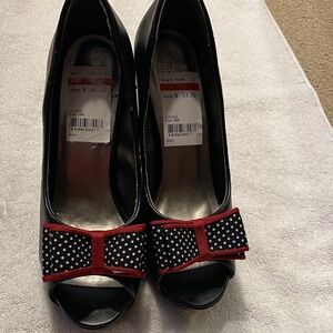 Elegant Black and Red Peep-Toe Heels. Size 6
